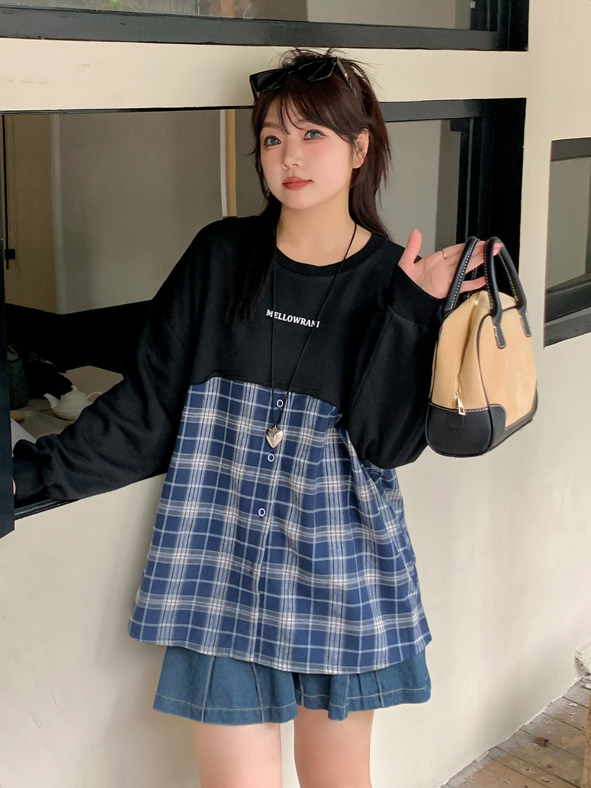 大きいサイズ レディース フェイクツーピースチェック柄スウェットシャツ LL 3L 4L 5L