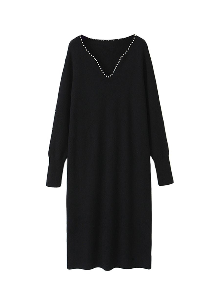 大きいサイズ レディース パールVネックスイートニットフレンチワンピース LL 3L 4L