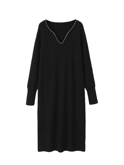 大きいサイズ レディース パールVネックスイートニットフレンチワンピース LL 3L 4L