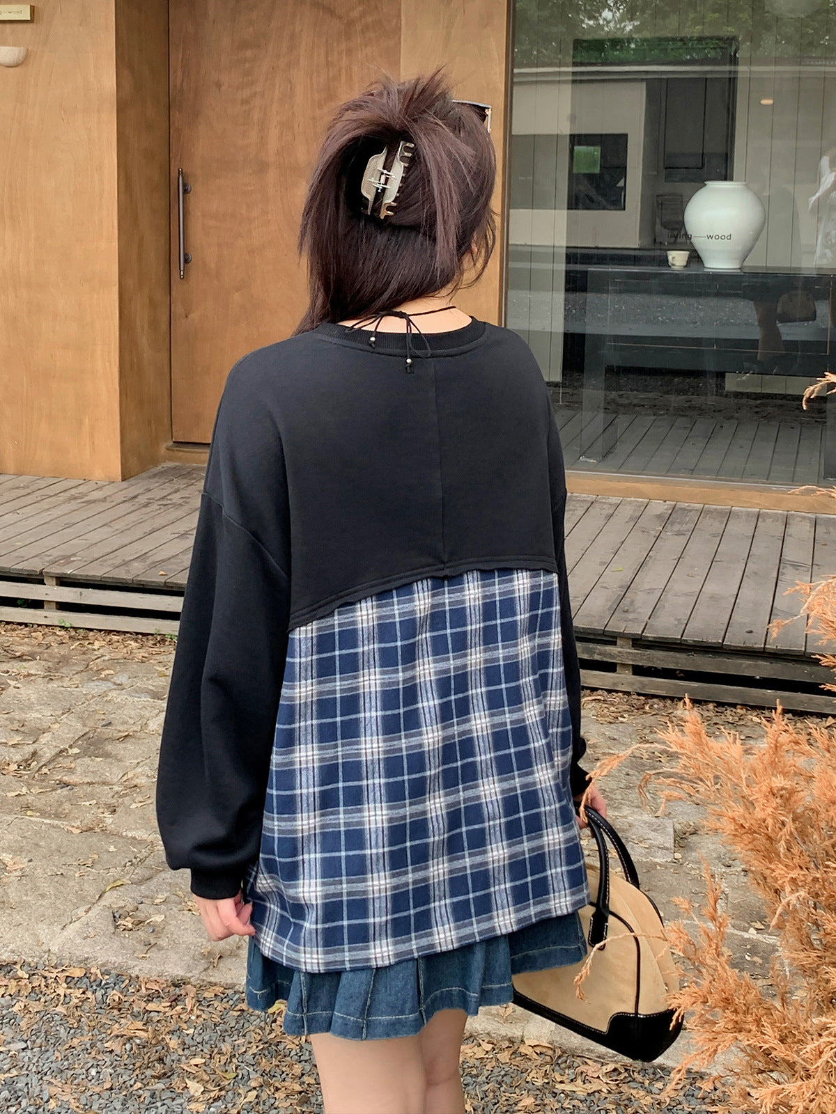大きいサイズ レディース フェイクツーピースチェック柄スウェットシャツ LL 3L 4L 5L
