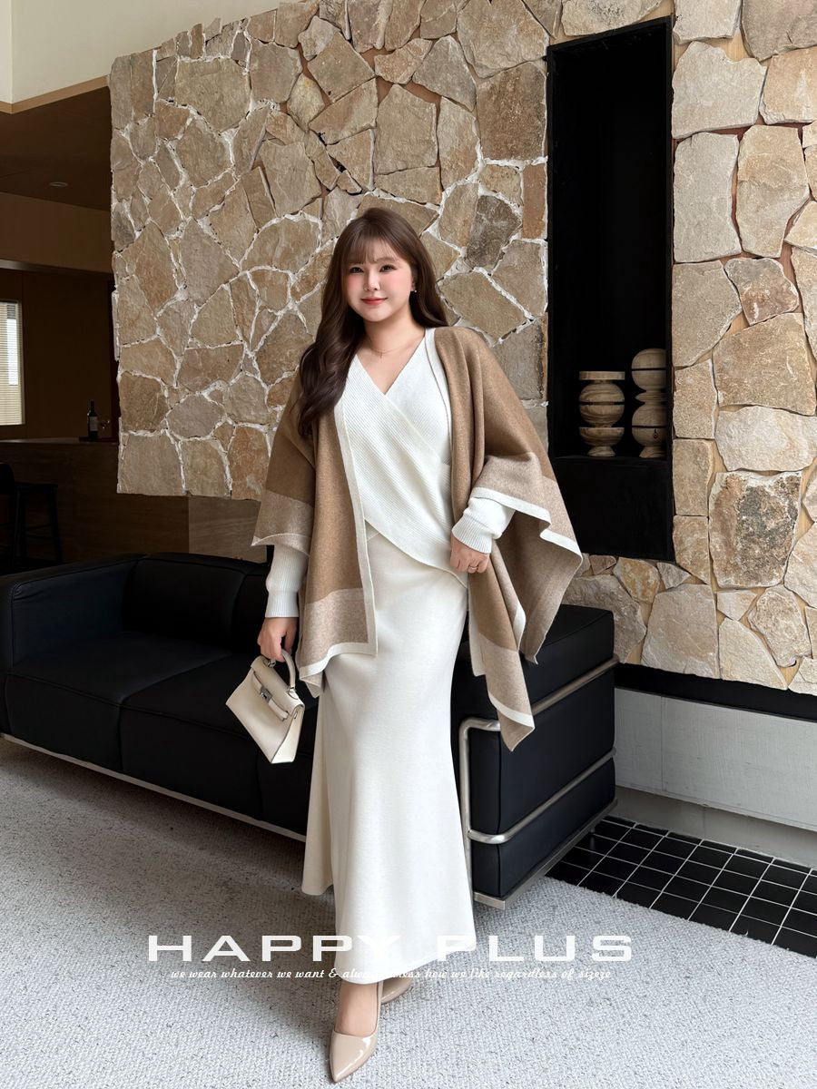 大きいサイズ レディース クロスオーバーVネックエレガントスリーピース（セーター+スカート+ショール） L LL 3L 4L F フリーサイズ