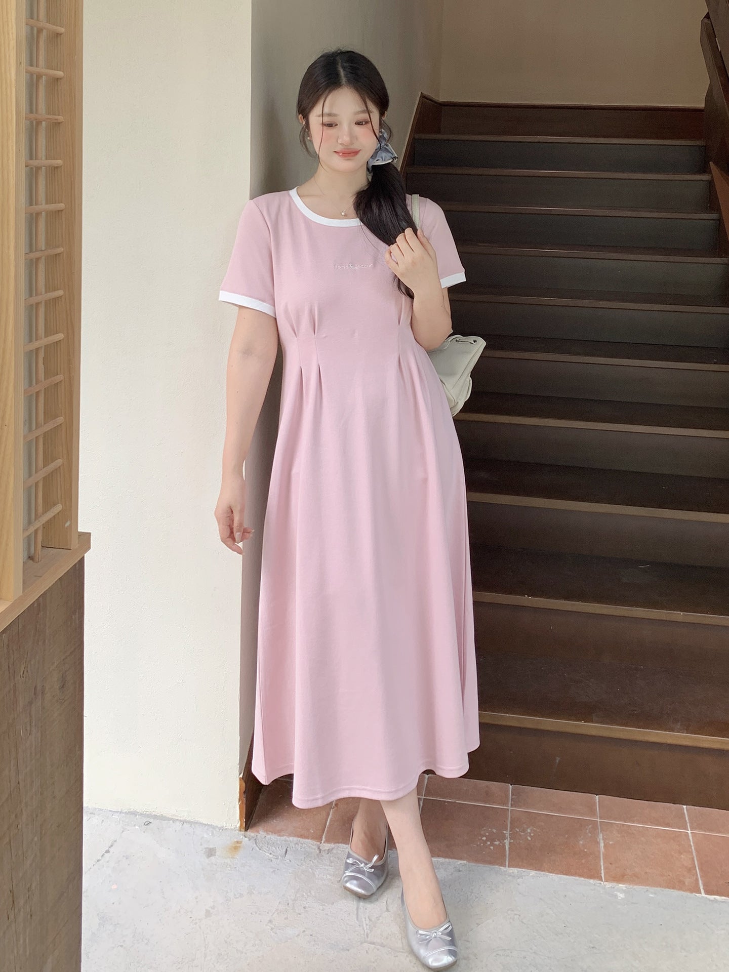 大きいサイズ レディース 配色ロゴウエストタックTシャツワンピース LL 3L 4L 5L 6L