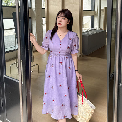 大きいサイズ レディース Vネック刺繍入りリボン花柄ワンピース LL 3L 4L 5L