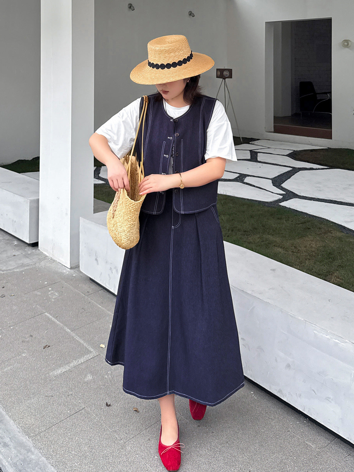 大きいサイズ レディース セットアップ（フェイクデニムステッチベスト＋スカート） LL 3L 4L 5L