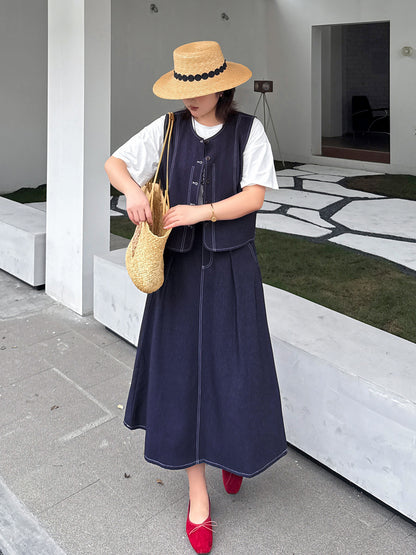 大きいサイズ レディース セットアップ（フェイクデニムステッチベスト＋スカート） LL 3L 4L 5L