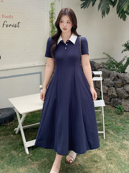大きいサイズ レディース ビジュー襟ポロデザインフレアワンピース LL 3L 4L 5L 6L