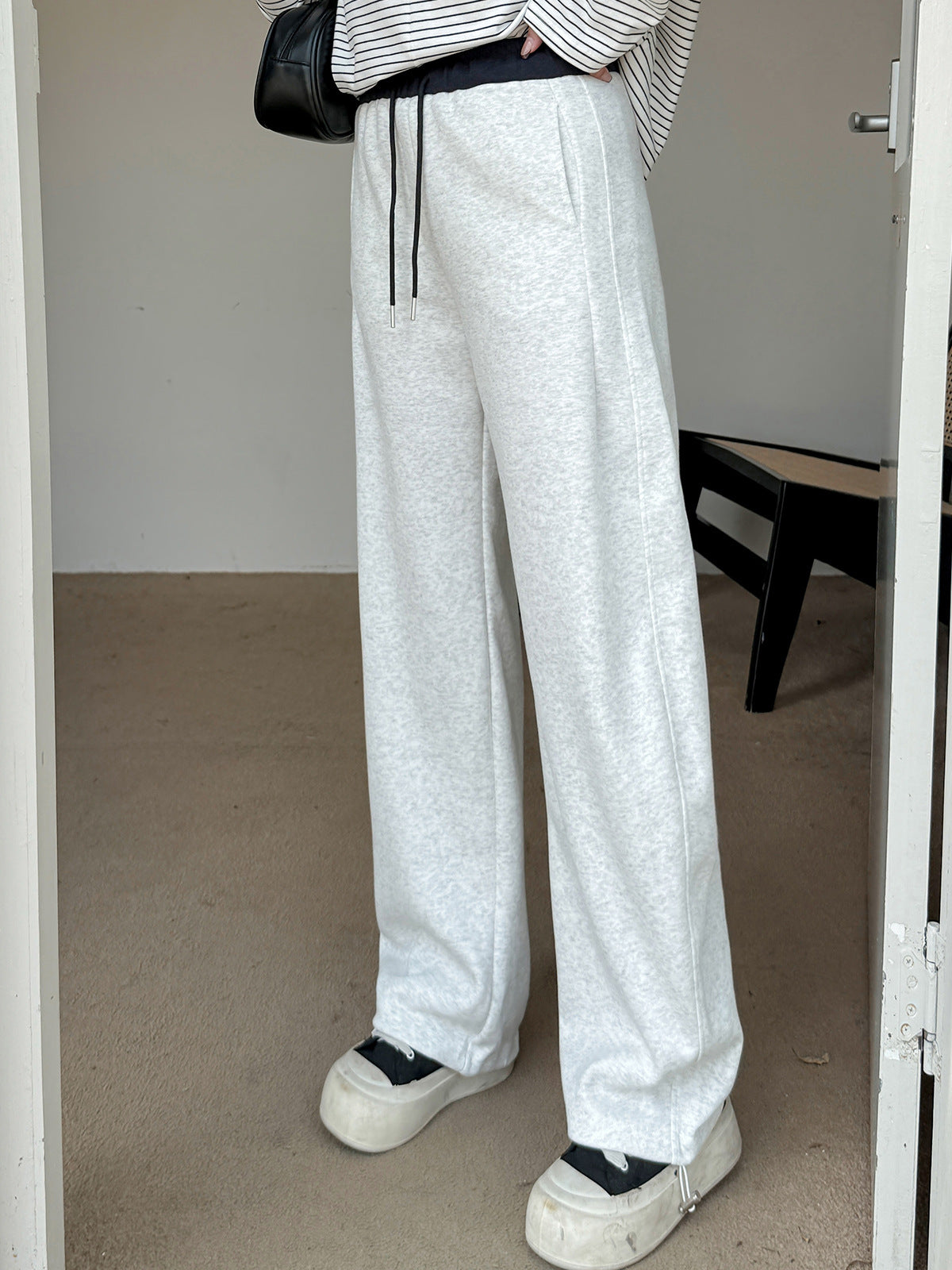 大きいサイズ レディース ニットコントラストウエストバンドストレートカジュアルパンツ LL 3L 4L 5L