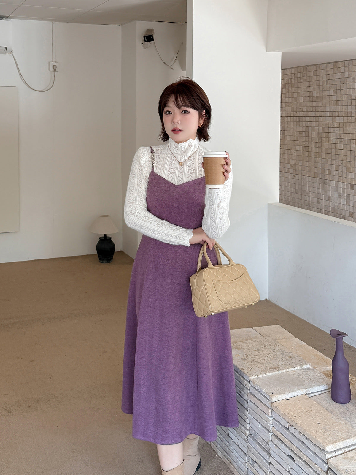 大きいサイズ レディース ツーピースセット（レーストップス+スリップワンピース） LL 3L 4L 5L