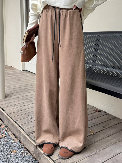 大きいサイズ レディース コントラストステッチウール風ワイドレッグパンツ LL 3L 4L 5L