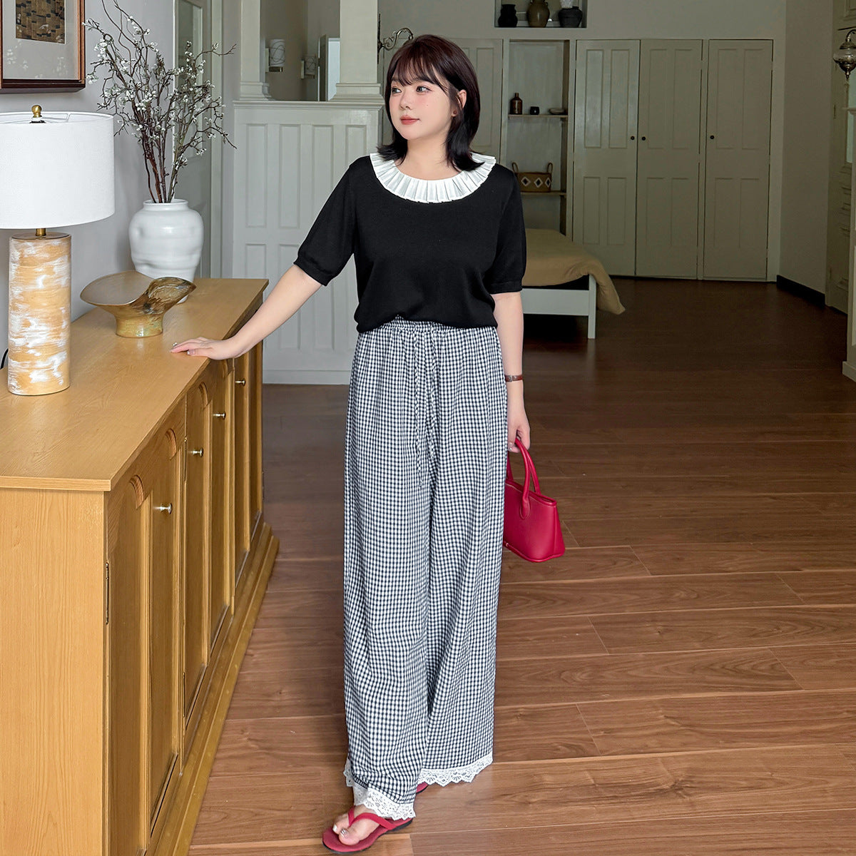 大きいサイズ レディース レースチェック柄ワイドレッグパンツ LL 3L 4L 5L