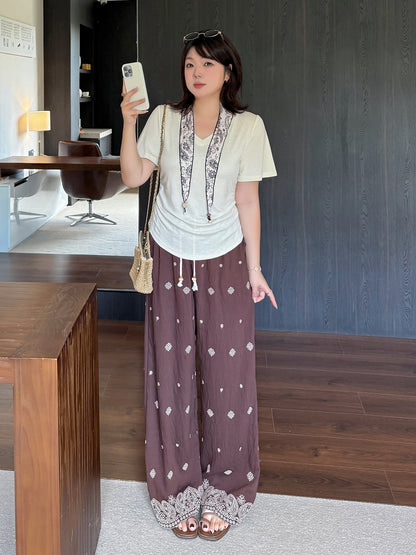大きいサイズ レディース スカーフ付きVネックボヘミアン刺繍リラックスセットアップ(別売) LL 3L 4L 5L