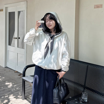 大きいサイズ レディース チェック柄リボンカジュアルパーカージャケット LL 3L 4L 5L