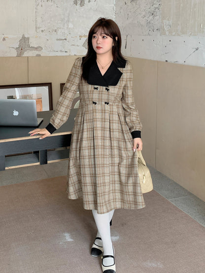 大きいサイズ レディース ブラックラペルフロックリボンチェック柄プリーツワンピース LL 3L 4L 5L