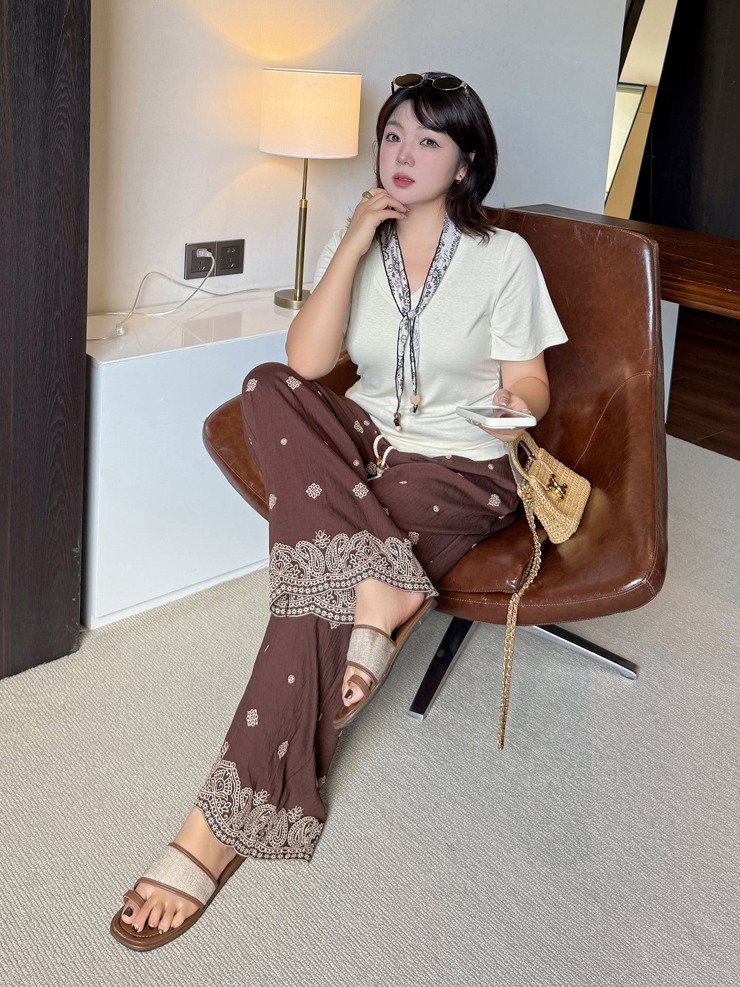 大きいサイズ レディース スカーフ付きVネックボヘミアン刺繍リラックスセットアップ(別売) LL 3L 4L 5L