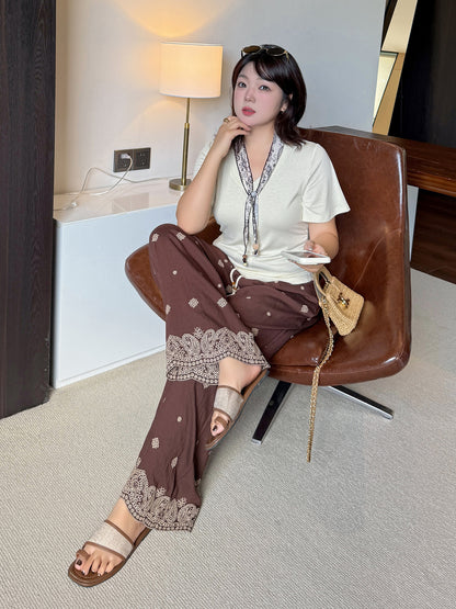 大きいサイズ レディース スカーフ付きVネックボヘミアン刺繍リラックスセットアップ(別売) LL 3L 4L 5L