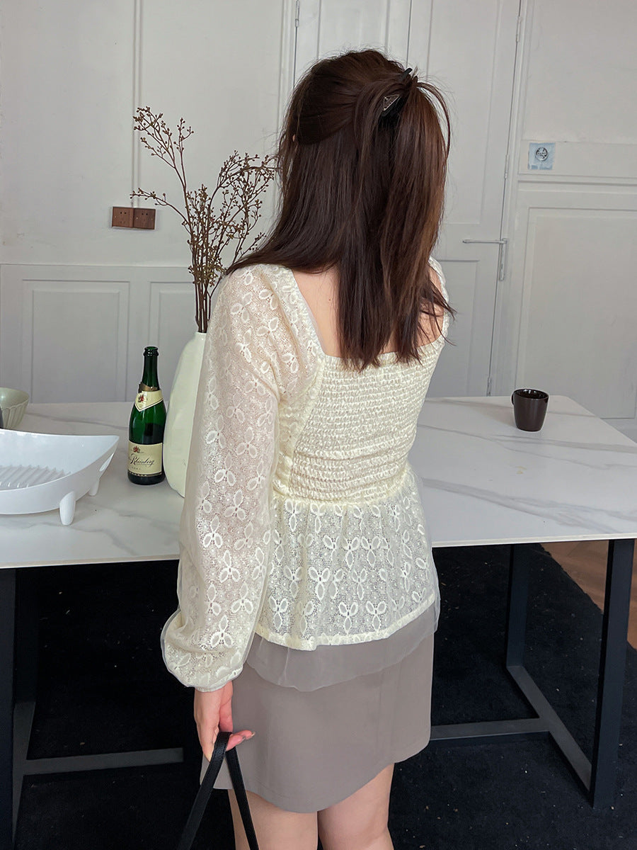 大きいサイズ レディース スクエアネックのペプラムレースブラウス LL 3L 4L 5L