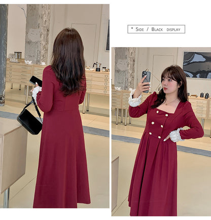 大きいサイズ レディース ダブルブレストのスクエアネックワンピース LL 3L 4L 5L