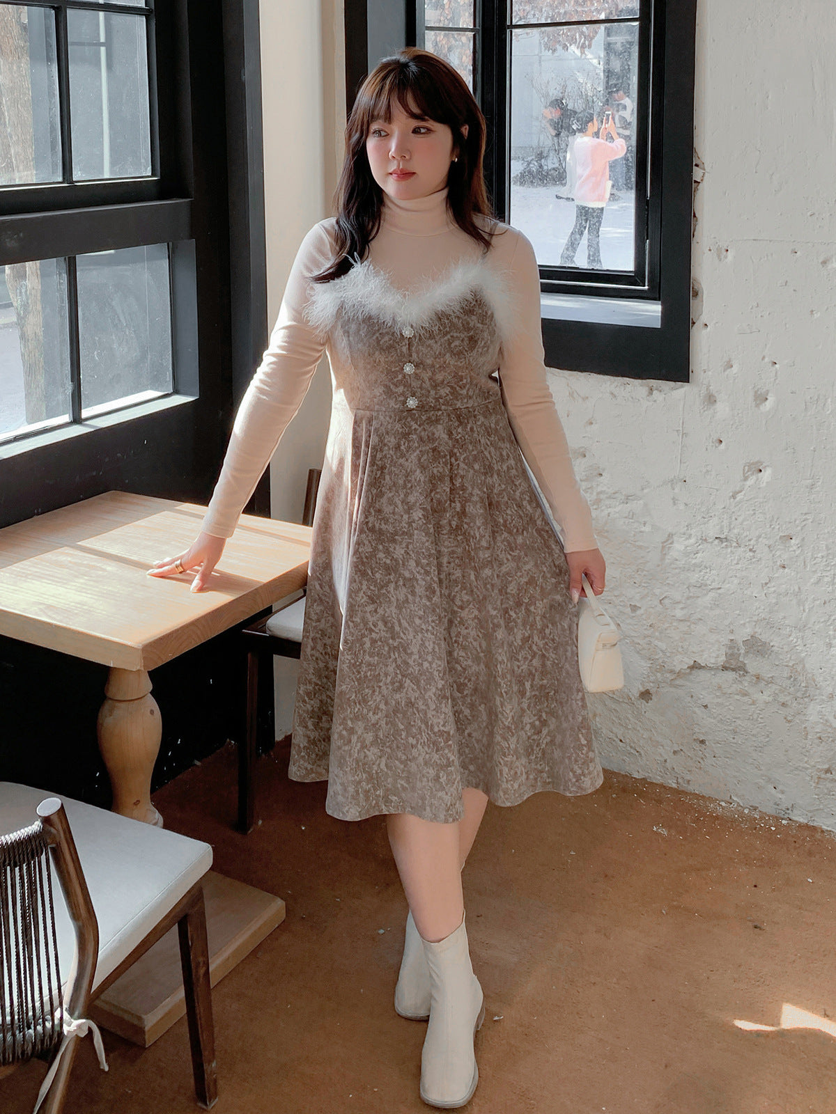 大きいサイズ レディース  ファーベルベットスリップワンピースヴィンテージプリント LL 3L 4L 5L