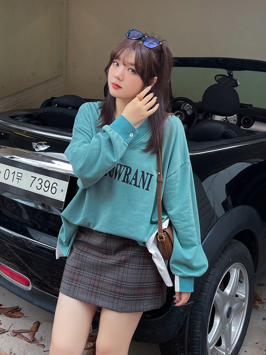 大きいサイズ レディース Vネックフェイクツーピースプルオーバースウェットシャツ LL 3L 4L 5L