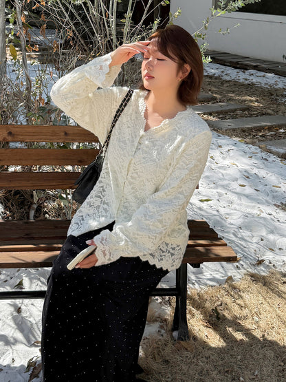 大きいサイズ レディース Vネックフリル刺繍レースエレガントブラウス LL 3L 4L 5L