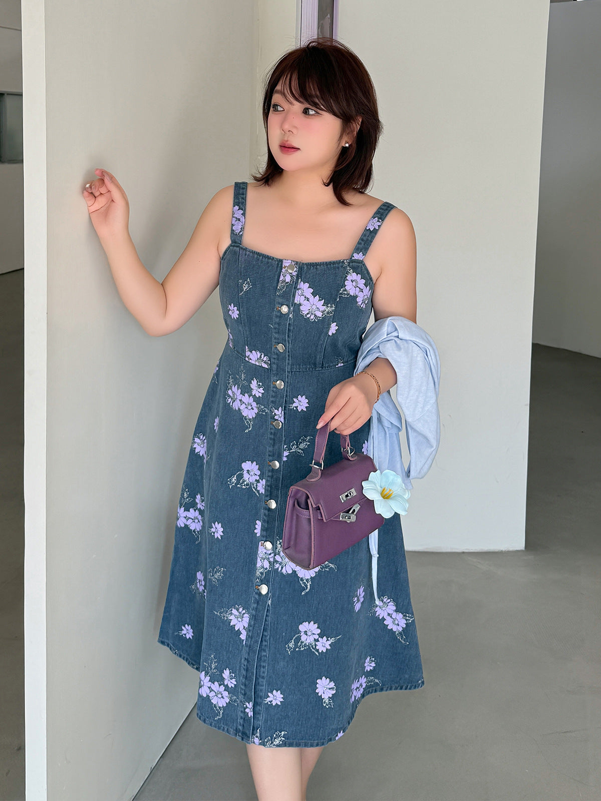 大きいサイズ レディース レトロ花柄デニムキャミソールワンピース LL 3L 4L 5L