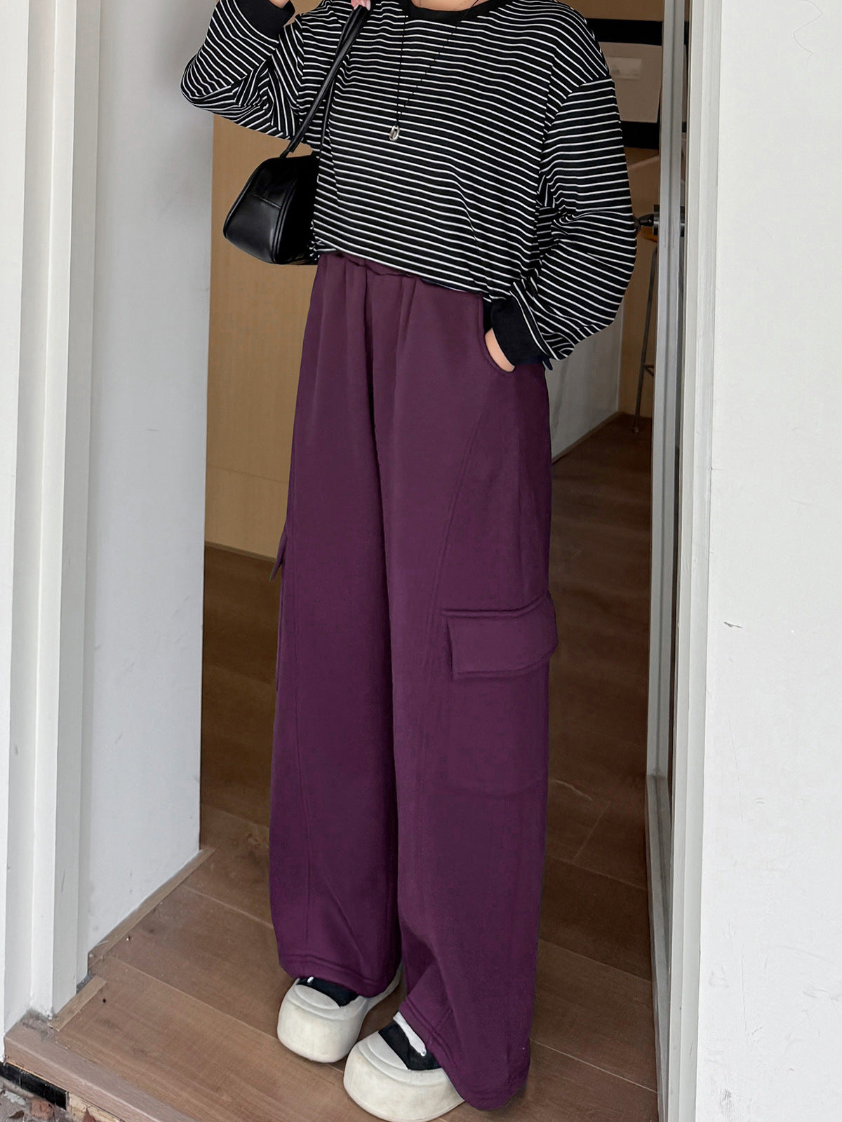 大きいサイズ レディース ニットフリース裏地ワイドレッグカーゴパンツ LL 3L 4L 5L