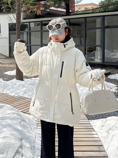 大きいサイズ レディース フード付きロゴ刺繍ワッペンミドル丈ダックダウンジャケット LL 3L