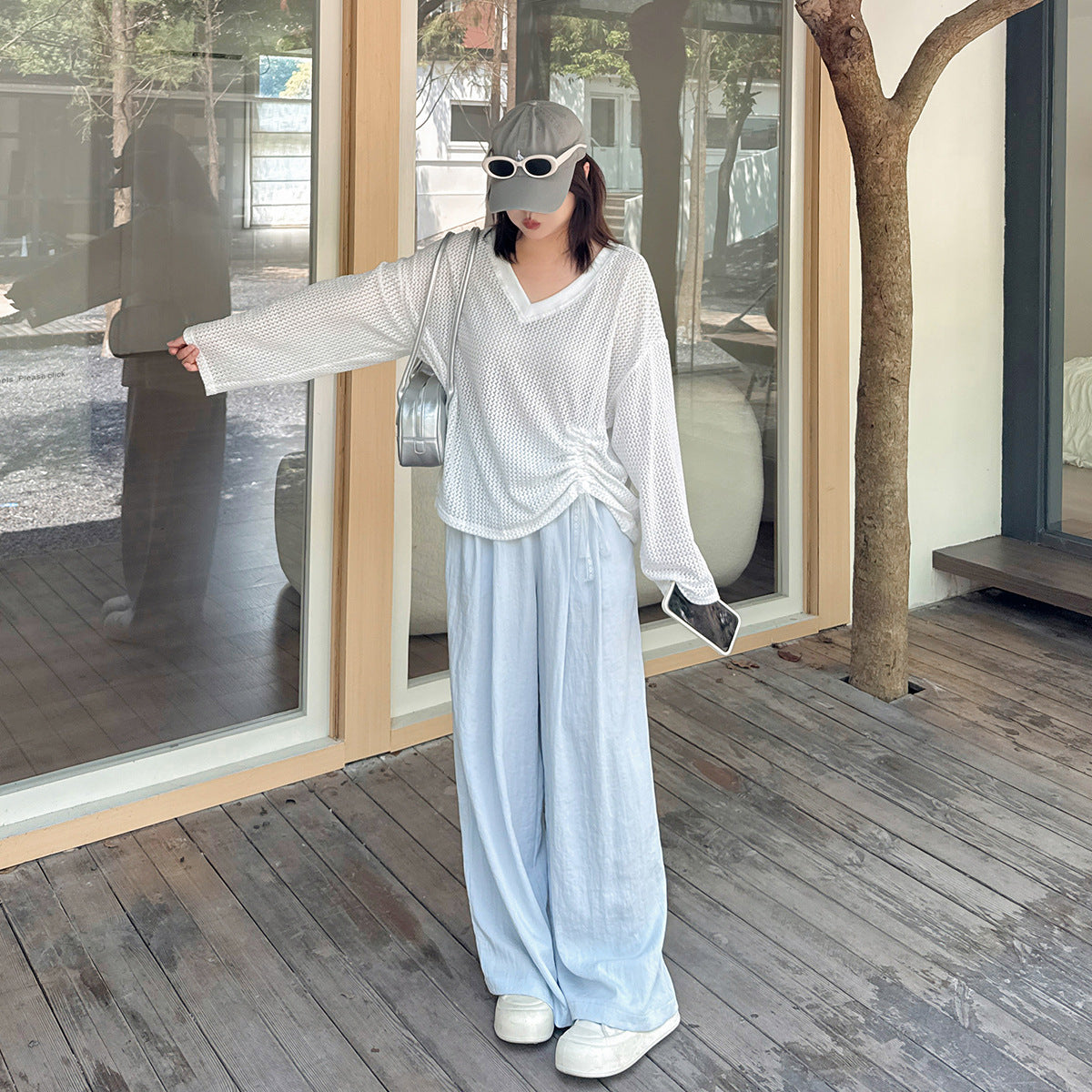 大きいサイズ レディース Vネックレース編みメッシュニットシャツ LL 3L 4L