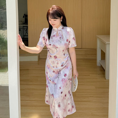 大きいサイズ レディース チャイナ風レトロ花柄プリントワンピース LL 3L 4L 5L