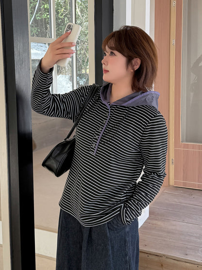 大きいサイズ レディース フード付きストライプ柄ベースレイヤーフリースシャツ LL 3L 4L 5L