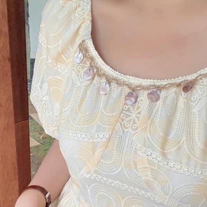大きいサイズ レディース 貝殻型飾り付きスクエアネック花柄刺繍レースワンピース LL 3L 4L 5L