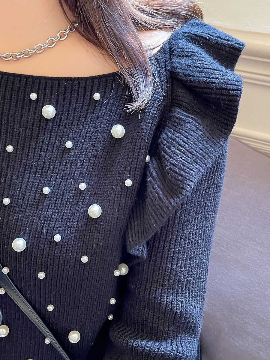 大きいサイズ レディース ビーズフリルオフショルダーニットセーター LL 3L 4L 5L