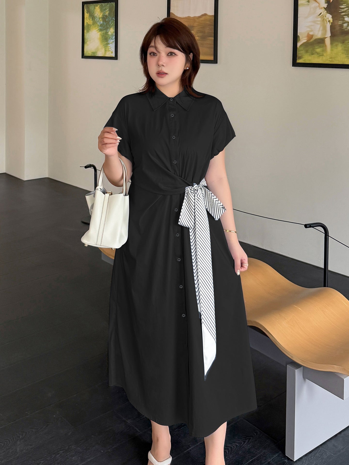 大きいサイズ レディース ストライプリボンウエストシャツワンピース LL 3L 4L 5L 6L