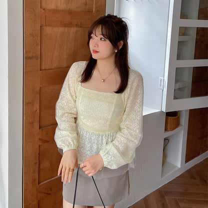 大きいサイズ レディース スクエアネックのペプラムレースブラウス LL 3L 4L 5L