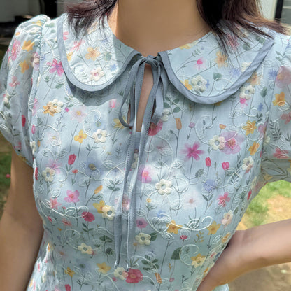 大きいサイズ レディース ドールカラーリボン小花柄プリント刺繍ワンピース LL 3L 4L 5L