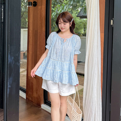 大きいサイズ レディース リボンラウンドネック中空刺繍花柄プリントブラウス LL 3L 4L 5L