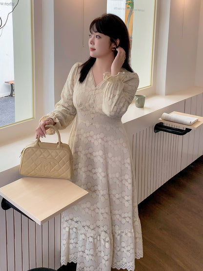 大きいサイズ レディース Vネックレースベルベットレトロワンピース LL 3L 4L 5L