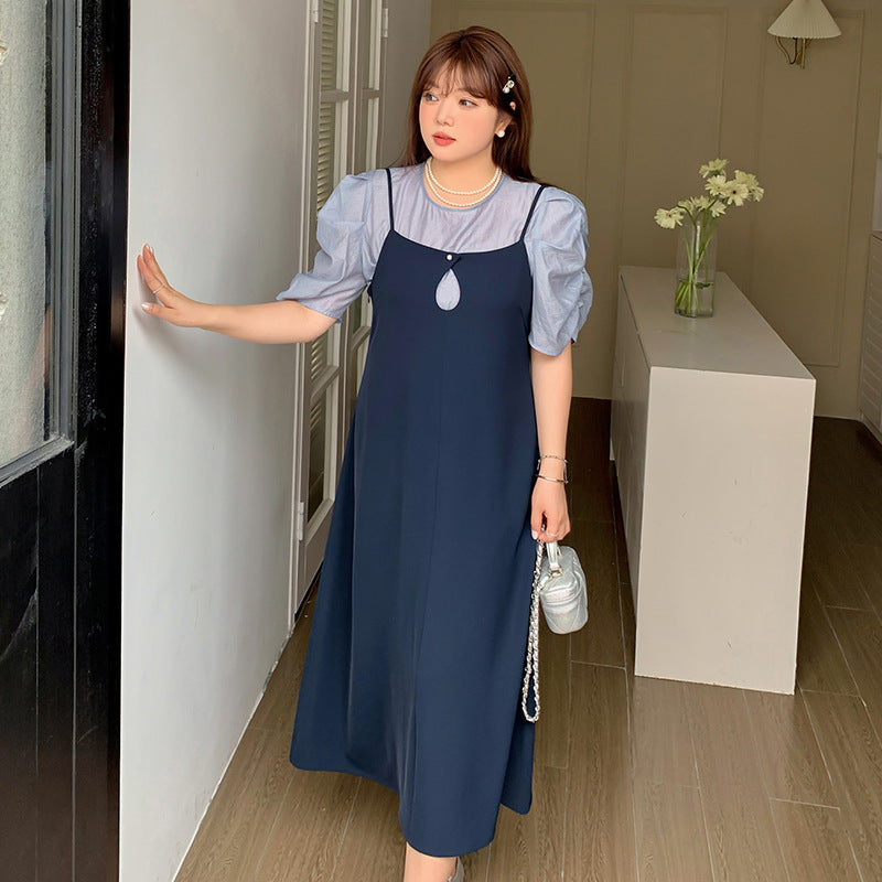 大きいサイズ レディース プリーツパフスリーブブラウス+サスペンダーワンピース LL 3L 4L 5L