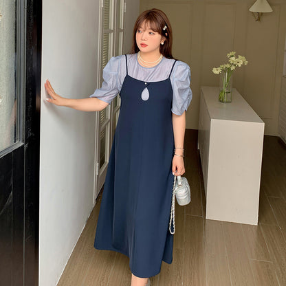 大きいサイズ レディース プリーツパフスリーブブラウス+サスペンダーワンピース LL 3L 4L 5L