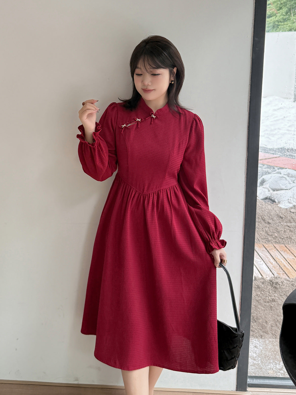大きいサイズ レディース リボンスタンドカラーワッフルチャイナ風ワンピース LL 3L 4L 5L