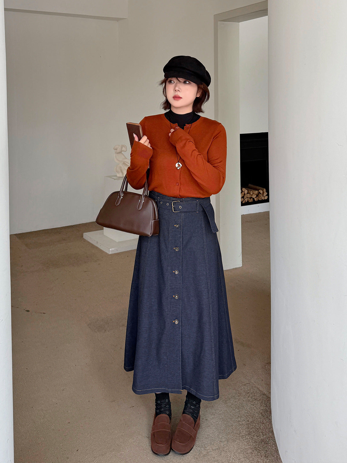 大きいサイズ レディース 起毛フェイクデニムベルト付ボタンダウンロングスカート LL 3L 4L 5L