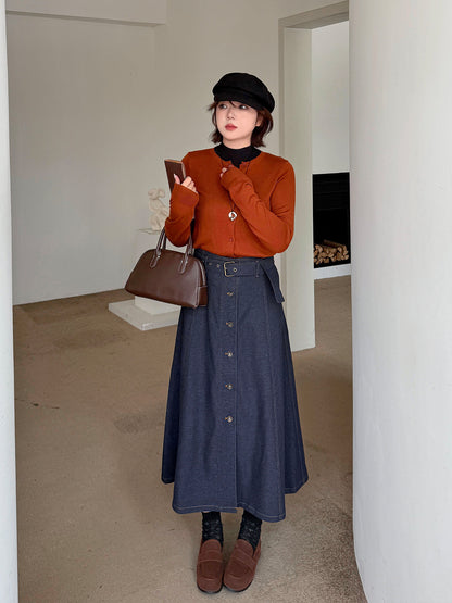 大きいサイズ レディース 起毛フェイクデニムベルト付ボタンダウンロングスカート LL 3L 4L 5L