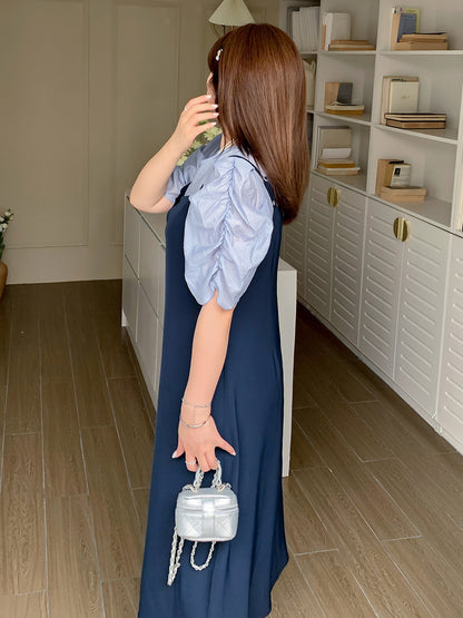 大きいサイズ レディース プリーツパフスリーブブラウス+サスペンダーワンピース LL 3L 4L 5L