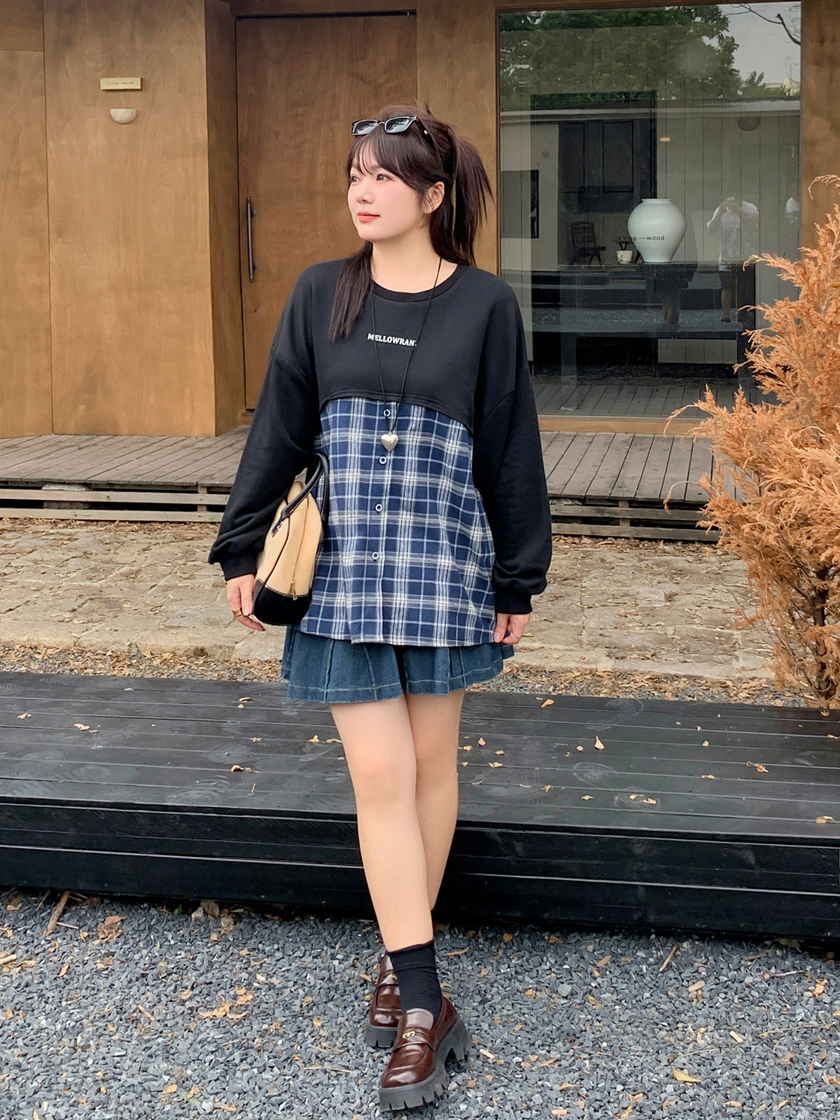 大きいサイズ レディース フェイクツーピースチェック柄スウェットシャツ LL 3L 4L 5L