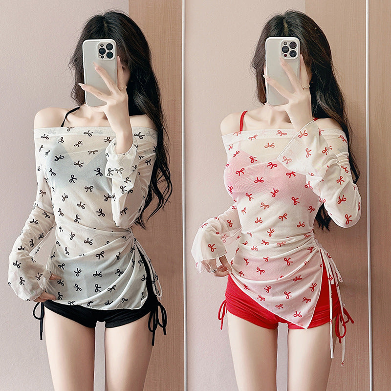 大きいサイズ レディース リボン柄シアートップス付きハイウエストセット水着 LL 3L 4L