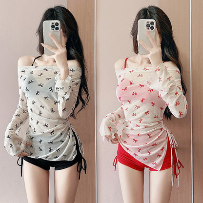 大きいサイズ レディース リボン柄シアートップス付きハイウエストセット水着 LL 3L 4L