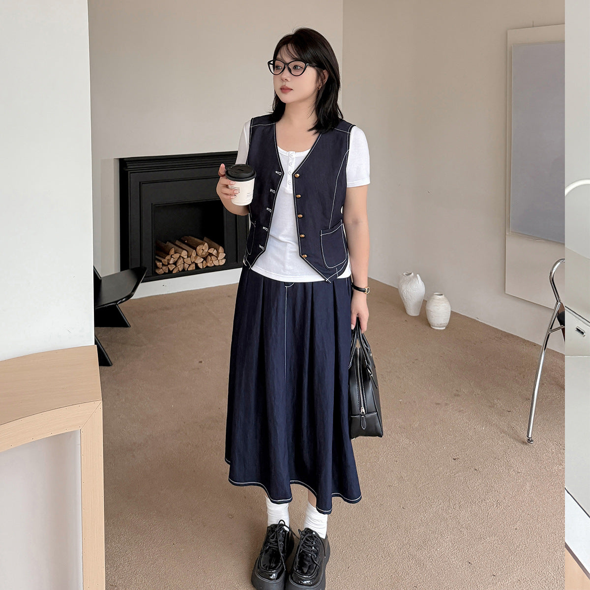 大きいサイズ レディース ネイビーブルーデニムツーピース（ベスト＋スカート） LL 3L 4L 5L