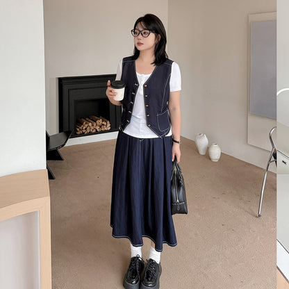 大きいサイズ レディース ネイビーブルーデニムツーピース（ベスト＋スカート） LL 3L 4L 5L