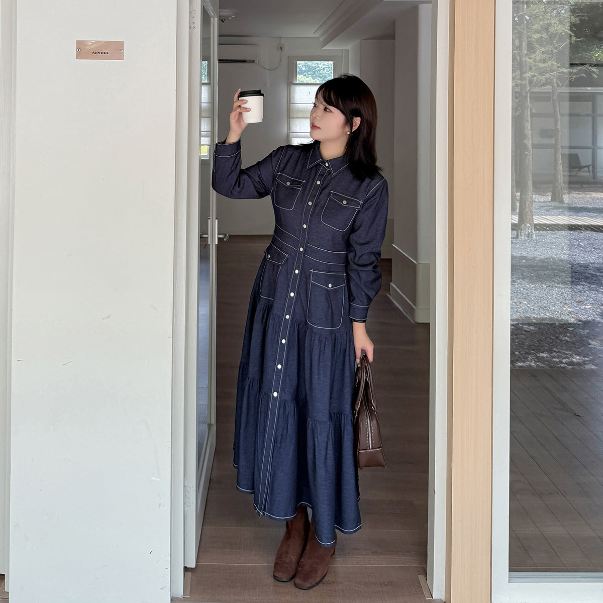 大きいサイズ レディース フリル厚手デニムシャツロングワンピース LL 3L 4L 5L