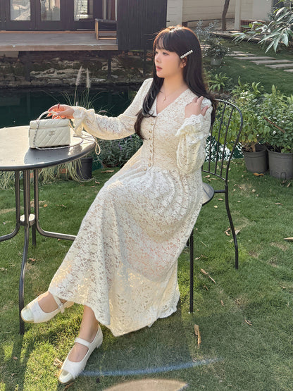 大きいサイズ レディース Vネックビーズボタン花柄レースワンピース LL 3L 4L 5L